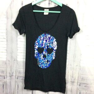 Victoria’s Secret PINK Sequined Skull T-Shirt Black Mermaid Sequins S